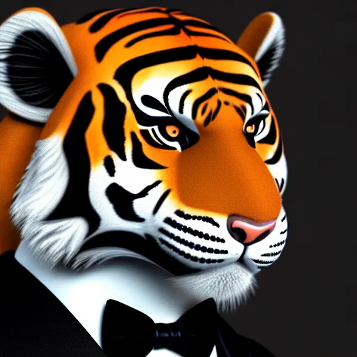 Image similar to portrait of an anthropomorphic tiger wearing a black suit, ultra detail, ultra realistic, soft fur, ssao 8 k