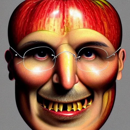 Image similar to a pile of apples, apples, apples arranged in the shape of a face resembling steve jobs, apples, fantasy, intricate, elegant, highly detailed, lifelike, photorealistic, digital painting, artstation, illustration, smooth, sharp focus, art by giuseppe arcimboldo