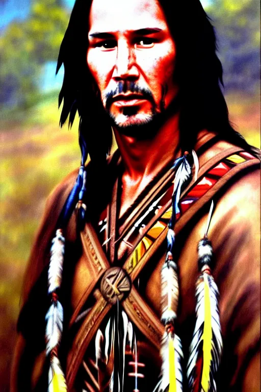 Image similar to Photo of Native American indian man Keanu Reeves, portrait, skilled warrior of the Apache, ancient, realistic, detailed, Keanu Reeves