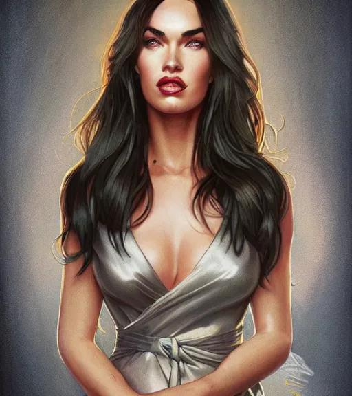 Image similar to a megan fox wearing a golden dress, grey hair, red necktie, cinematic, stunning, highly detailed, digital painting, artstation, smooth, hard focus, full body shot, illustration, art by artgerm and greg rutkowski and alphonse mucha