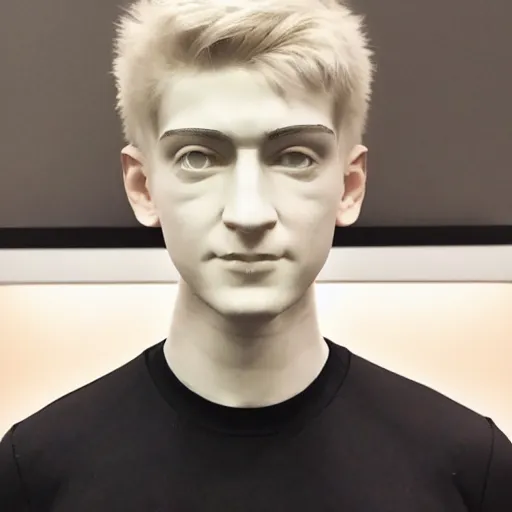 Image similar to a realistic detailed photo of a guy who is an attractive humanoid who is half robot and half humanoid, who is a male android, twitch streamer ninja tyler blevins, shiny skin, posing like a statue, blank stare, at the museum, on display