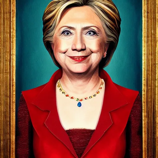 Prompt: lifelike renaissance painting of hillary clinton in a frilly dress