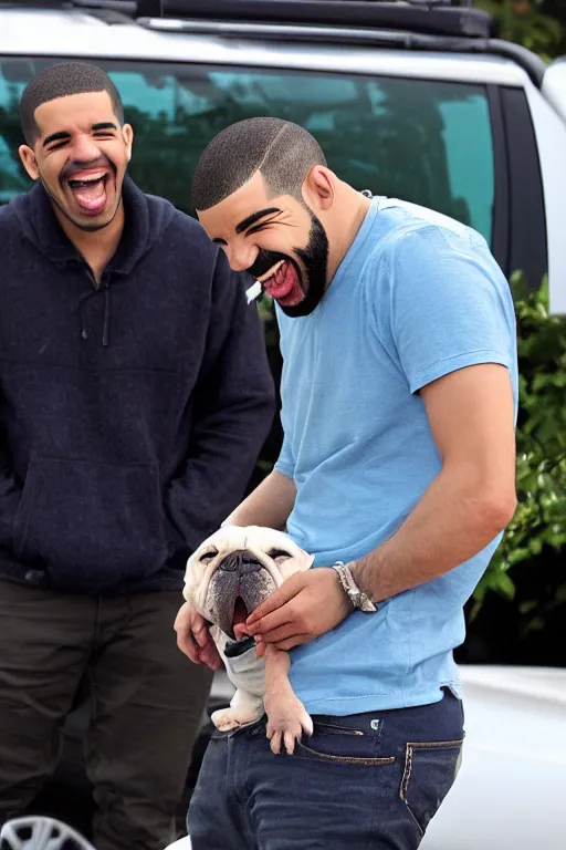 Prompt: drake laughing at an english bulldog peeing on his car