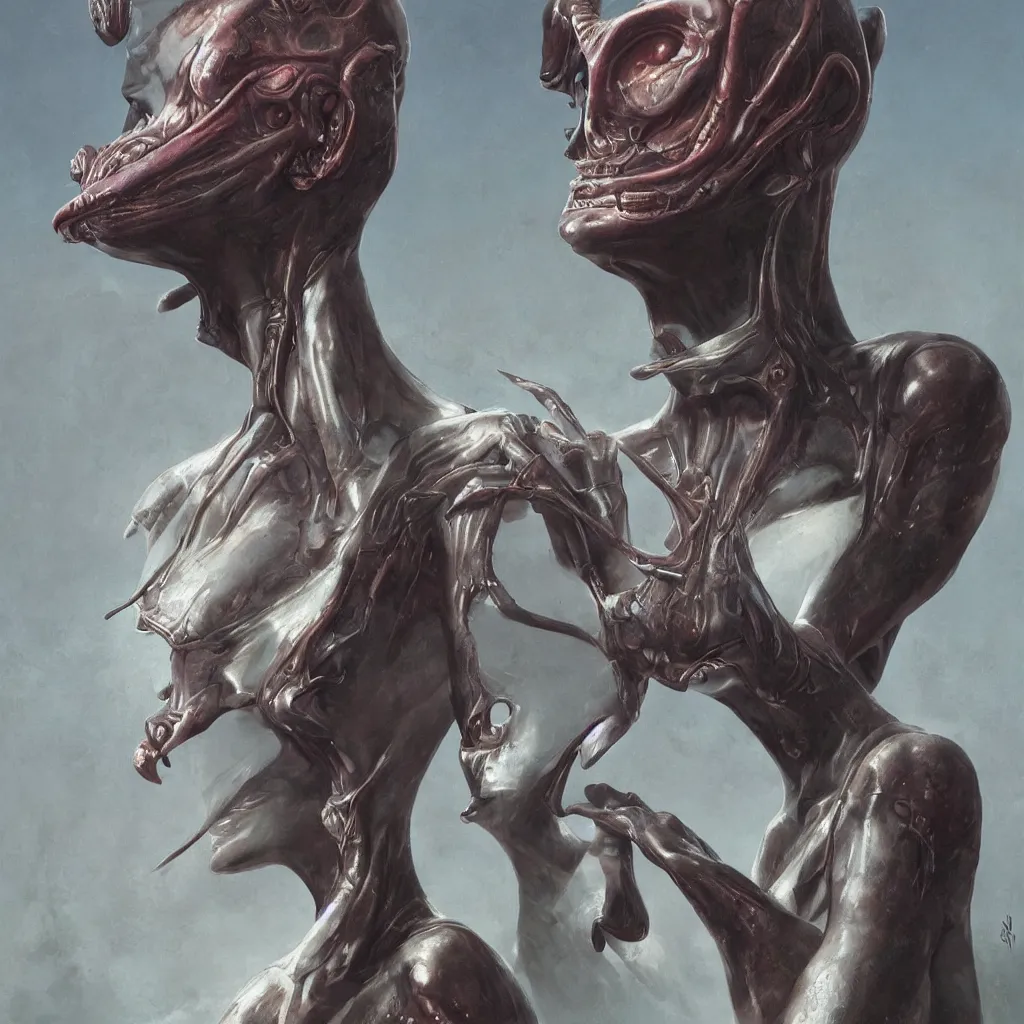 Image similar to photorealistic portrait depiction of a beautiful alien, latex domme, extraterrestrial, sharp focus, by wayne barlowe, by corbusier, by greg rutkowski, ornate painting, high quality