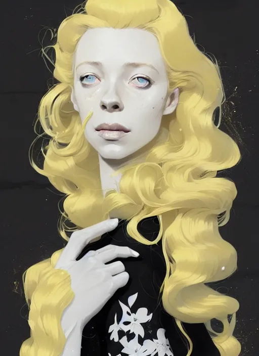 Image similar to highly detailed closeup portrait of beautiful portia doubleday, blonde wavy hair, angela moss, white suit by atey ghailan, by greg rutkowski, by greg tocchini, by james gilleard, by joe fenton, by kaethe butcher, gradient yellow, black and white color scheme, grunge aesthetic!!! ( ( graffiti tag wall background ) )