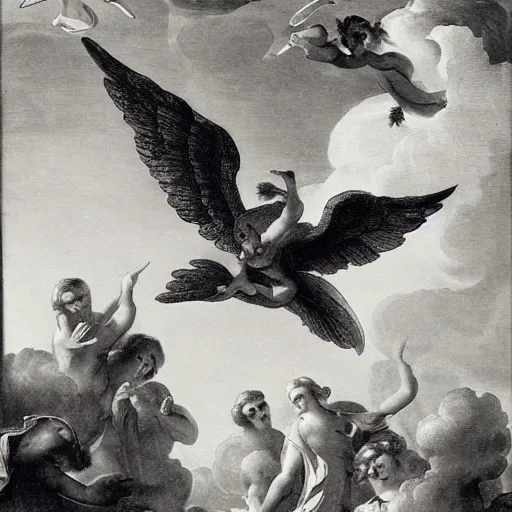 Image similar to melancholic, placid low - key lighting by giovanni battista gaulli. a photograph of a winged creature, flying high above a group of people in a dark, wooded area. the creature's wings are spread wide & its head is turned upwards, looking towards the sky. people below looking up at creature awe & fear.