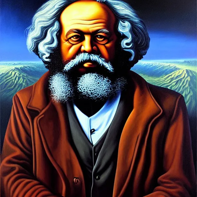 Image similar to an oil on canvas portrait painting of karl marx, surrealism, surrealist, cosmic horror, rob gonsalves, high detail