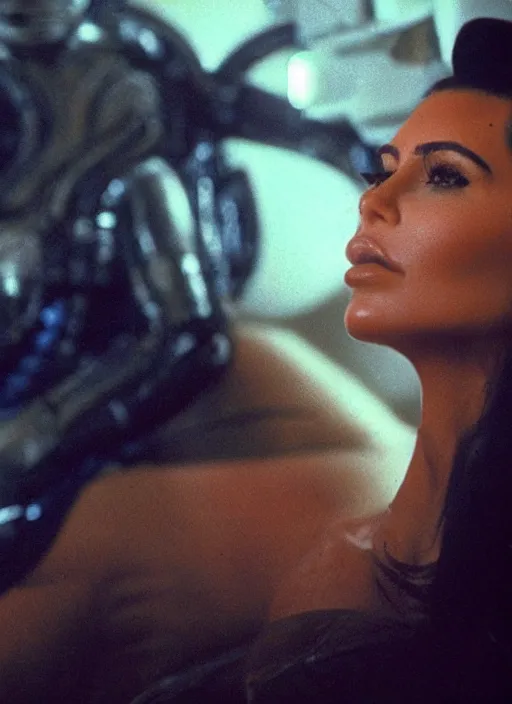 Image similar to film still of kim kardashian in the movie Alien, facehugger mounted on face, unconscious, cinematic shot, 4k.