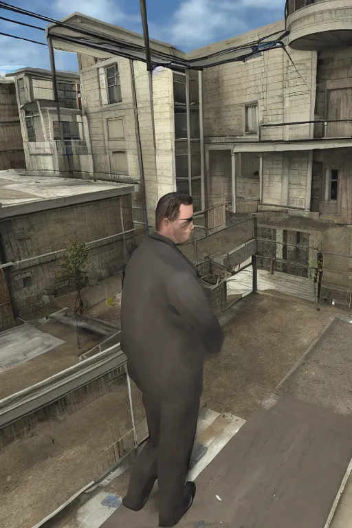 Image similar to A government man from Half-life stands on the balcony of a two-story panel house and watches, graphics in the style of games on the source engine, game graphics