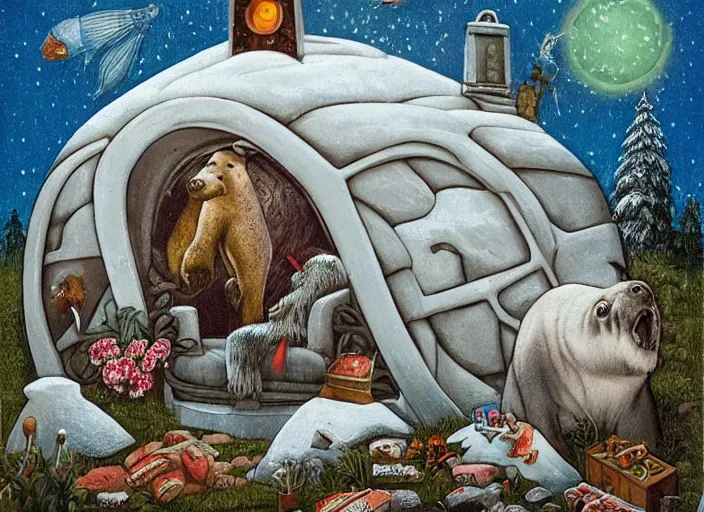 Image similar to an igloo with a chimney, walrus, polar bear, sleigh dogs, fish, giraffe, lowbrow in the style of mark ryden and ernst haeckel,