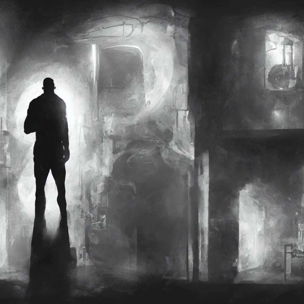 Image similar to a silhouette of a man standing before a glowing doorway portal in the middle of a dark laboratory, movie poster, cinematic lighting, sci - fi concept art, movie concept art, cinematic framing, blockbuster movie poster