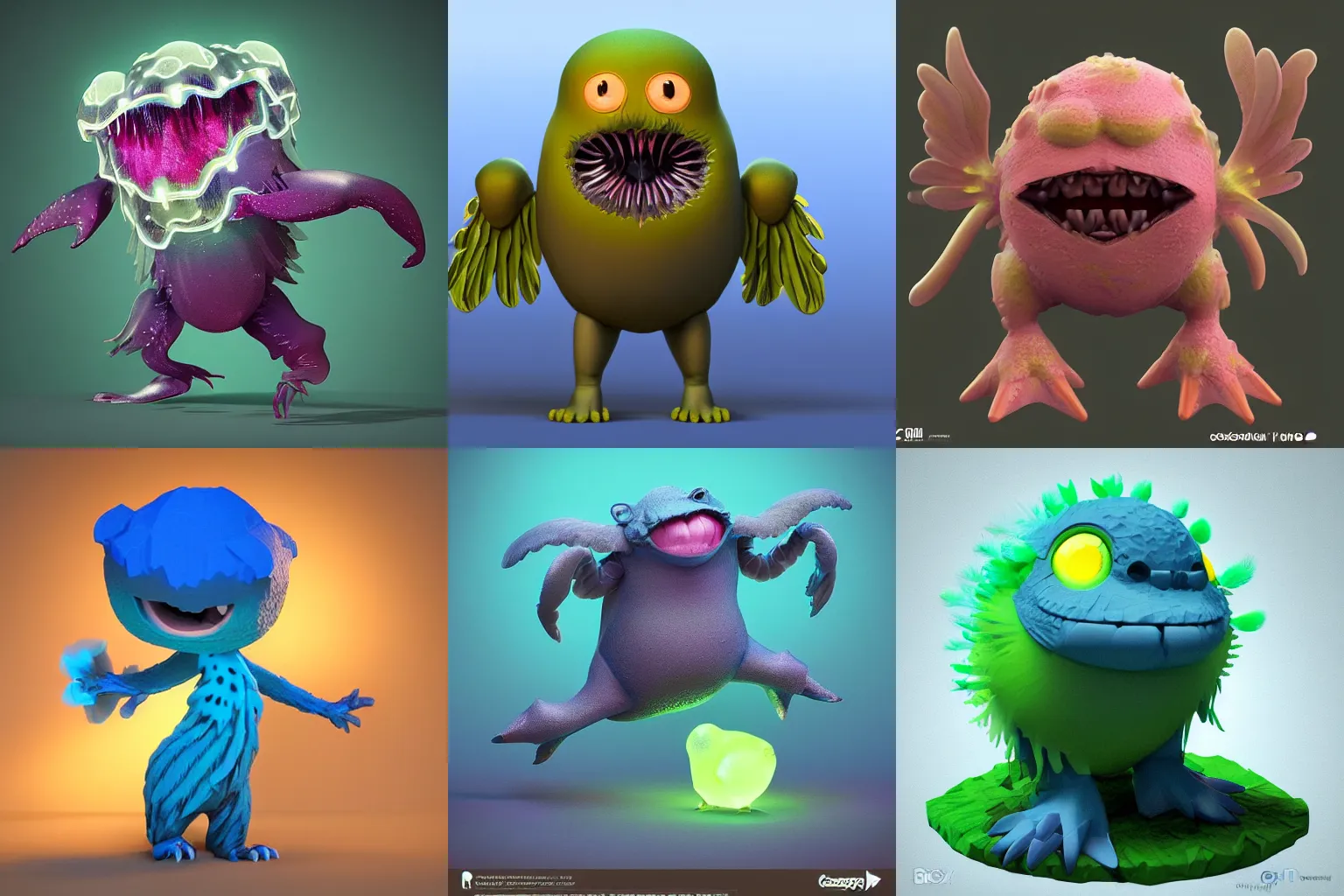 Prompt: cute! c4d, unreal engine, pixar, voxelart, rimlight, jelly fish dancing, fighting, bioluminescent screaming feathers pictoplasma characterdesign toydesign toy monster bird of paradise creature, zbrush, octane, hardsurface modelling, artstation, cg society, by greg rutkowksi, by Eddie Mendoza, by Peter mohrbacher, by tooth wu