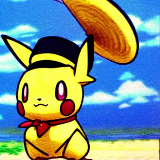 Prompt: Pichu Pokemon anime wearing a straw hat by Ken Sugimori