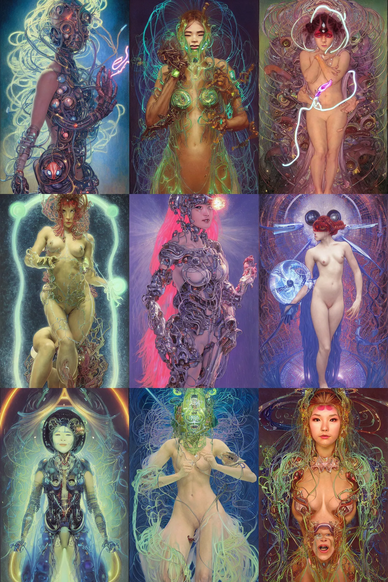 Prompt: awe-inspiring award-winning concept art full body face portrait painting of attractive anglerfish cyborg Ashley Liao in neon shrouds as the goddess of lasers, sparks, by Julie Bell, Jean Delville, Virgil Finlay, Alphonse Mucha, Ayami Kojima, Amano, Charlie Bowater, Karol Bak, Greg Hildebrandt, Jean Delville, Frank Frazetta, Peter Kemp, and Pierre Puvis de Chavannesa, cyberpunk, extremely moody lighting, glowing light and shadow, atmospheric, shadowy, cinematic, 8K,