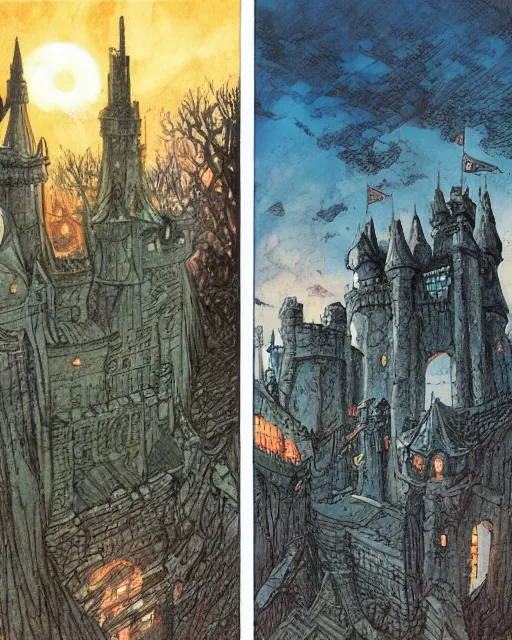 Image similar to beautiful comic book art of a fantasy castle by alan lee and simon bisley, robots in the background by simon stalenhag and jack kirby