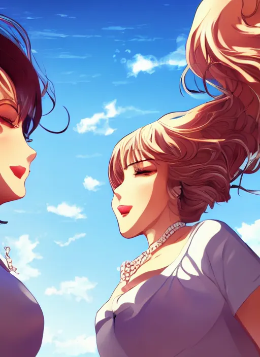 Image similar to two beautiful mothers outside on a hot summer evening, gorgeous faces, thick lines, cinematic lighting, detailed anime art