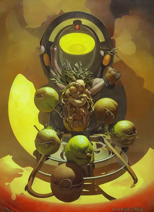 Image similar to renaissance grotesque full body portrait painting of angry crossfit lemon in a lemon themed spaceship going to a lemon portal, superior, character redesign by lee bermejo and greg rutkowski and alphonse mucha