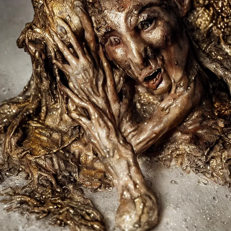 Prompt: photo taken of an epic intricate, ultra detailed, super realistic gritty, wet, lifelike sculpture of a beautiful alien women wearing torn bikini and white shoes created by weta workshop, zoomed in shots, subsurface scattering, photorealistic, sharp focus, white wall coloured workshop, cold colour temperture, f 0. 4, face centred, golden ratio, golden hour