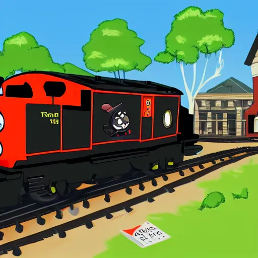 Image similar to A representation of the trolley problem featuring Thomas the Tank engine: should you pull the lever to divert the runaway trolley onto the side track?