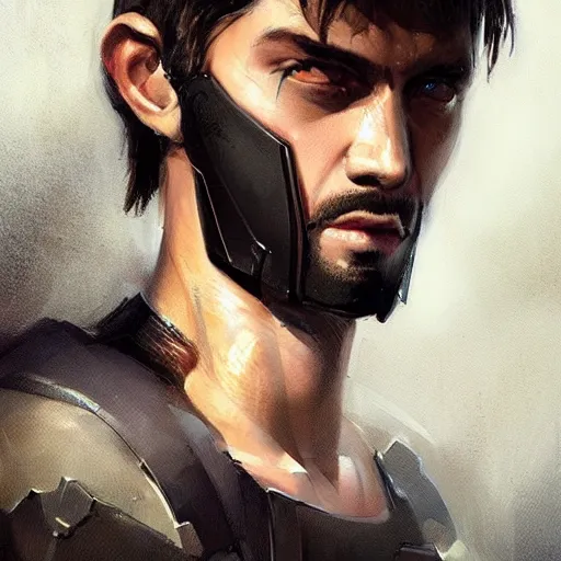 Image similar to Portrait of a man by Greg Rutkowski, he is about 20 years old, mixture turkish and russian, short dark blonde hair with bangs, attractive, angry but resigned look, he is wearing a futuristic tactical gear, highly detailed portrait, scifi, digital painting, artstation, concept art, smooth, sharp foccus ilustration, Artstation HQ.