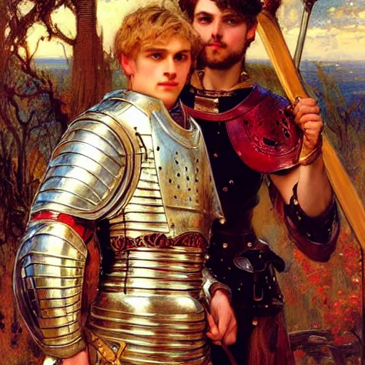 Image similar to attractive fully clothed arthur pendragon confesses his love for his attractive fully clothed male knight. highly detailed painting by gaston bussiere and j. c. leyendecker 8 k