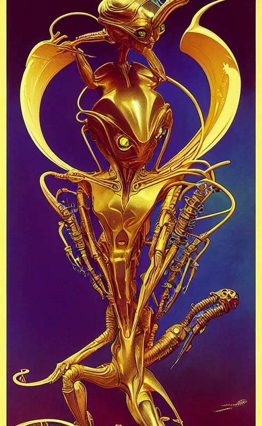 Image similar to exquisite imaginative alien creature poster art, gold, movie art, by lucusfilm, weta studio, alphonso mucha, james jean, frank frazetta, 8 k, denoised