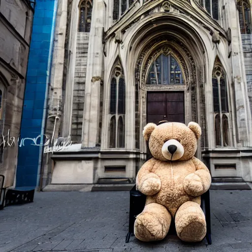 Prompt: huge teddybear sitting on the streets of zurich in front of the grossmunster. professional photography. 8 k. sharp focus. wide angle 2 4 mm.