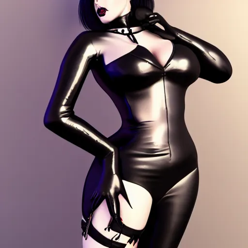 Image similar to curvy feminine goth woman with elegant tight black-silver nylon and latex outfit, cgsociety, photorealistic, highly detailed, sublime, 16k, smooth, sharp focus, trending on ArtStation, hyperdetailed, volumetric lighting