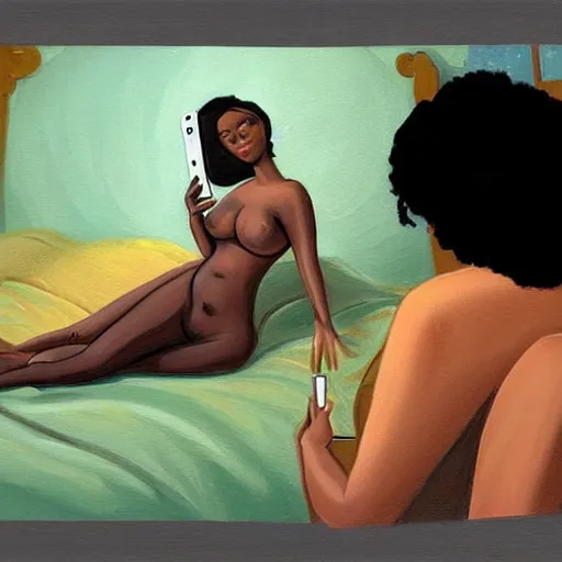 Image similar to stunning, coherent, beautiful painting, still of a giant man taking a picture of beautiful black bbw posing laying down in her bed , she is taking a selfie of the man , 3d, in the style of pixar, comic book cover, 3d, highly detailed, highly detailed, sharp focus, bokeh, depth of field, 16k resolution, Unreal Engine 5, coherent, cinematic lighting, photorealistic, by Zhang Jingna