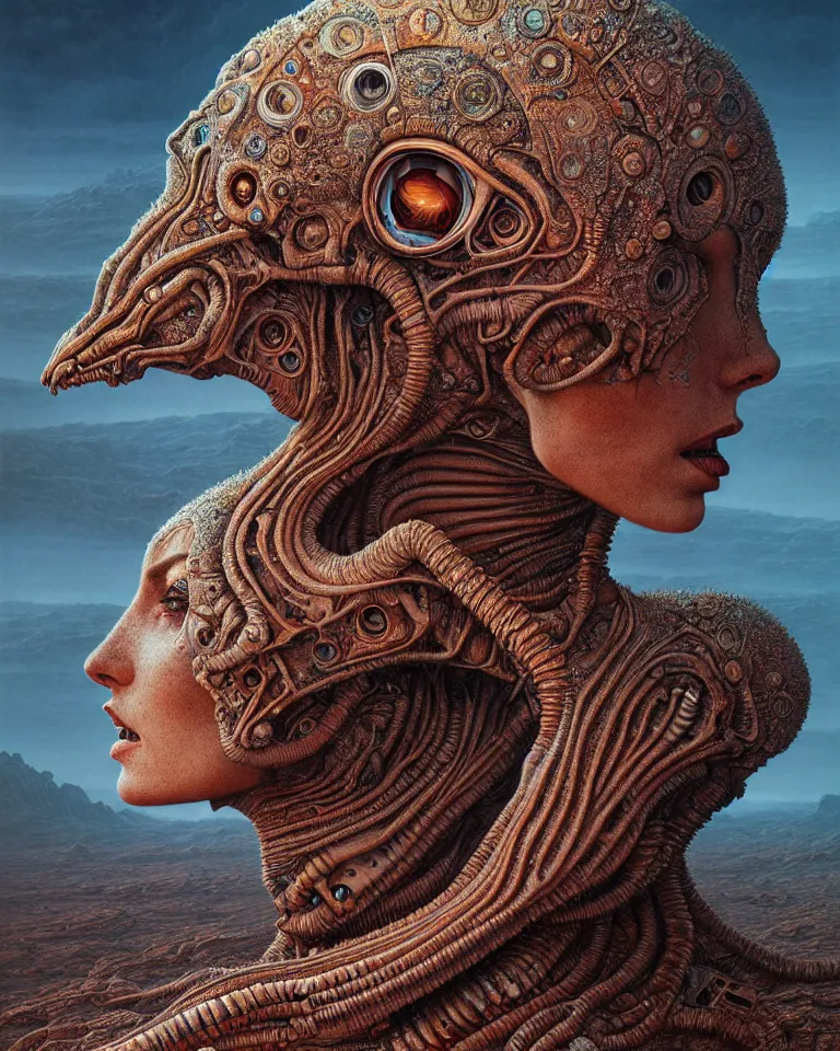 Image similar to ultra realist intricate detailed portrait of a single rugged attractive female on an alien landscape, insanity, accurate features, apocalyptic, very intricate details, 8 k resolution, dim lighting, volumetric lighting, artstyle zdzisław beksinski and keith thompson, award winning