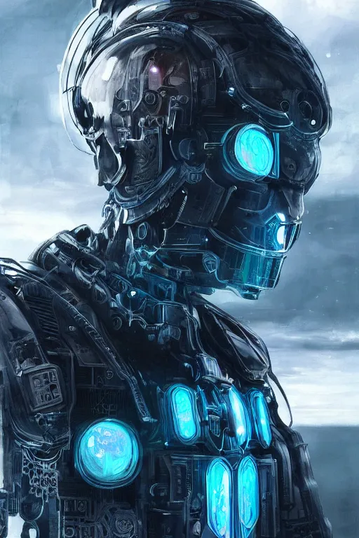 Image similar to ultra realist and ultra intricate detailed soft painting of a cyberpunk sci-fi armored male, from the waist up, porcelain skin, symmetry features, glowing blue eyes, sensual gloomy style, volumetric clouds, cyberpunk window overlooking earth in background, artstation, unreal render, depth of field