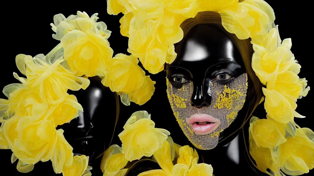 Prompt: symmetrical close - up portrait of a woman wearing a translucent silicone beauty mask and yellow hair, wearing a black bodysuit by alexander mcqueen, plastic translucent flowers, black background, soft diffused light, biotechnology, humanoide robot, bjork aesthetic, translucent, intricate details, highly detailed, masterpiece,