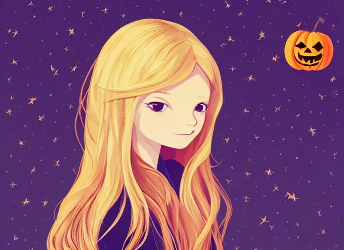 Prompt: little girl with long blonde hair on a halloween card. clean cel shaded vector art. shutterstock. behance hd by lois van baarle, artgerm, helen huang, by makoto shinkai and ilya kuvshinov, rossdraws, illustration, art by ilya kuvshinov