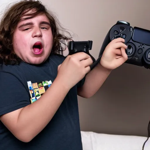 Prompt: fat kid with long hair screams at his playstation 5