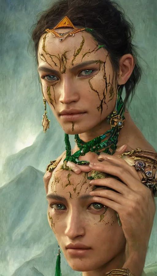 Image similar to epic masterpiece portrait of a beauty, tribal makeup and jewelry, sweaty skin, hyperrealistic, octane render, cinematic, beautiful face and flawless skin, perfect hands, emeralds by Edgar Maxence and Ross Tran and Michael Whelan, Legends of Runeterra