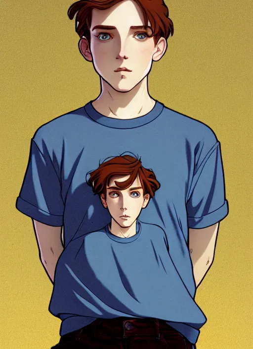 Image similar to art nouveau portrait of a teen boy with completely straight auburn hair, light blue eyes, pale skin, freckles, sad expression, t - shirt, modern casual clothing, natural lighting, path traced, highly detailed, high quality, cartoon, digital painting, by don bluth and ross tran and studio ghibli and alphonse mucha