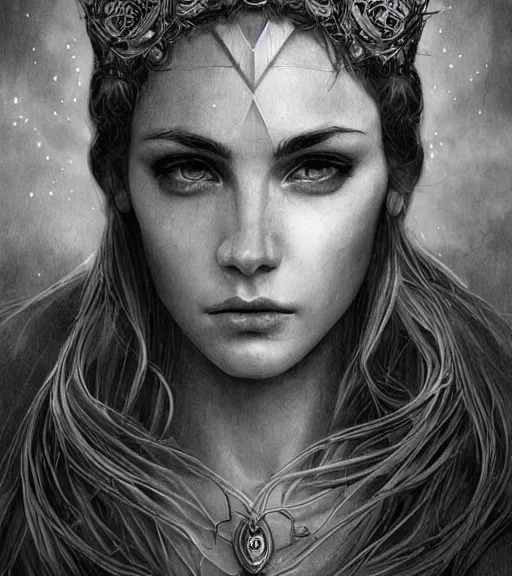 Image similar to beautiful aphrodite goddess wearing an arrow on her head, realistic face, beautiful eyes, black and white drawing, in the style of greg rutkowski, fantasy, amazing detail, epic, intricate, elegant, smooth, sharp focus