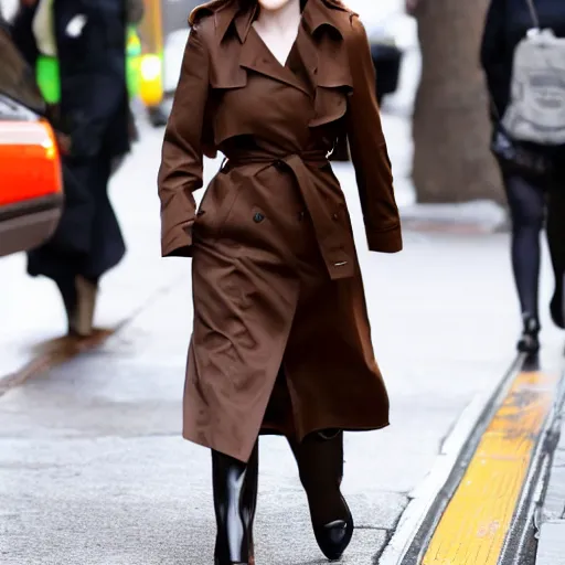 Prompt: 4 k award - winning still of evan rachel wood with long dark brown hair with bangs wearing a trench coat walking in new york city