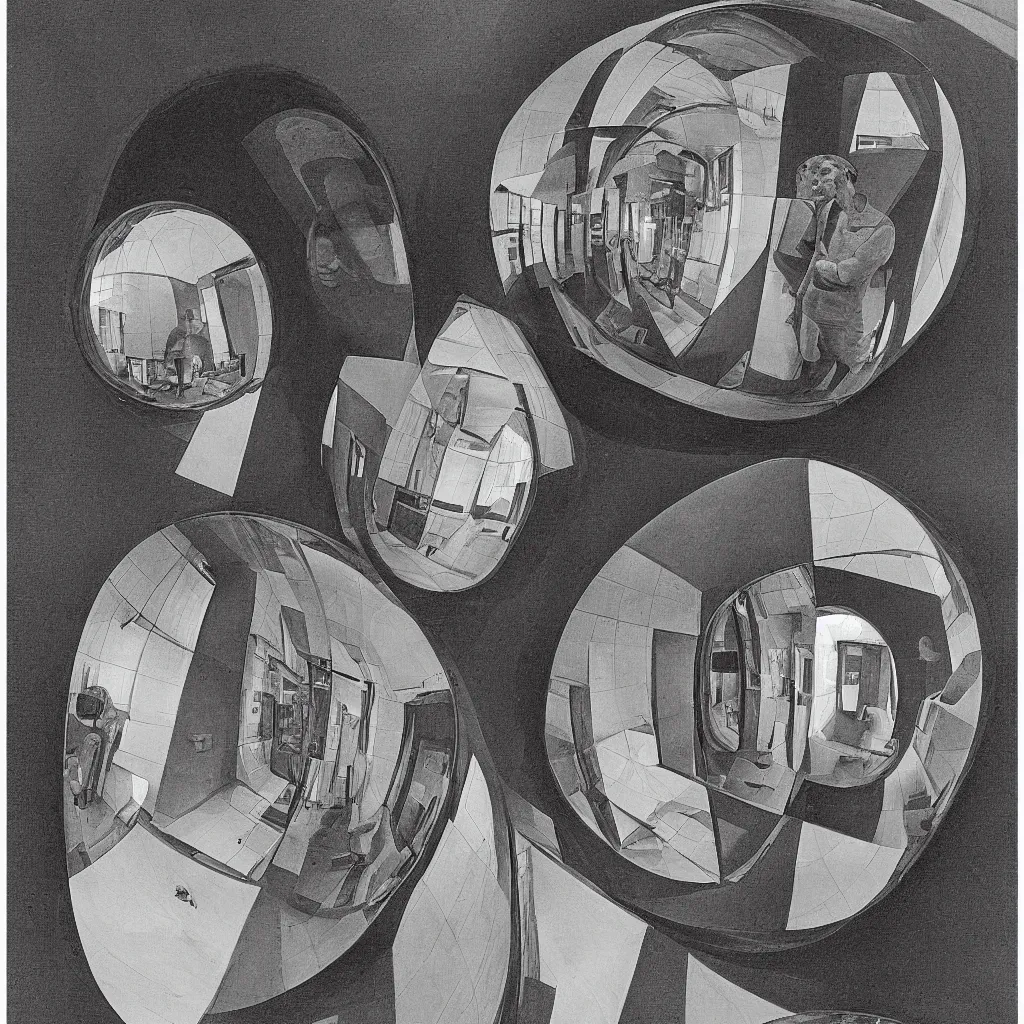 Prompt: a man looking his face reflection on a mirror sphere by M. C. Escher