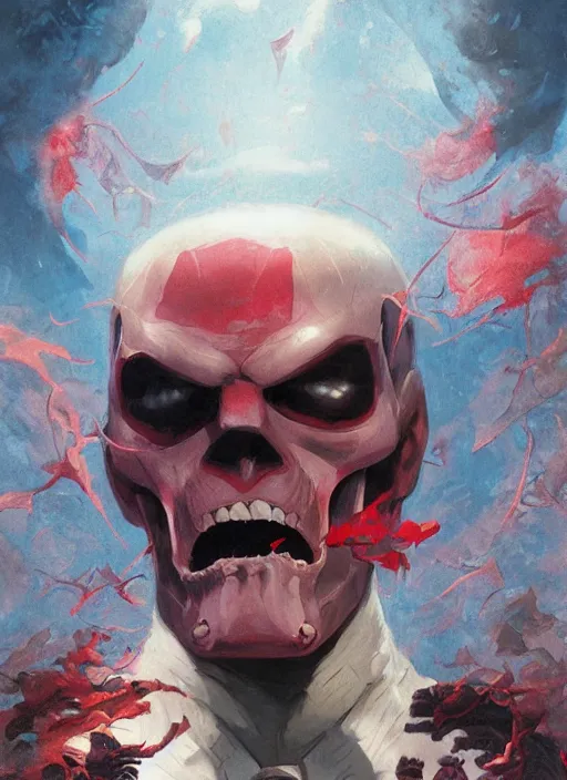 Prompt: a portrait of a male character, nose of Red Skull, in a scenic environment by Ross Tran and by Jesper Ejsing and by Mikalojus Konstantinas Ciurlionis