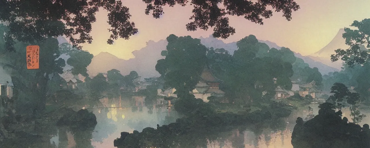 Image similar to a beautiful painting of an ancient japanese town nearby a small river in the evening by alfons maria mucha and ivan aivazovsky, ultra detailed, volumetric lighting, pink vibe