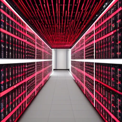 Image similar to evil server room, screen with ai face on it, dark, red lighting