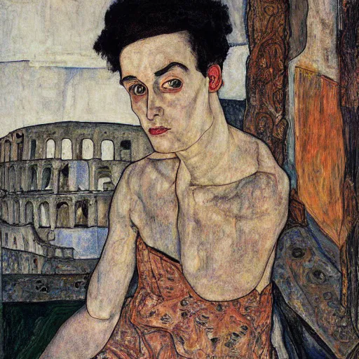 Prompt: a highly detailed painting by egon schiele of a young woman with black hair having an existential crisis on a terrace overlooking the colosseum, 4 k