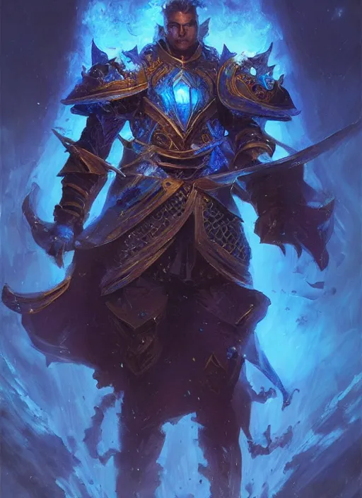 Image similar to kaladin stormblessed in shardplate. a knight in amazing fantasy armor that glows, bursting with blue light, sleek, lightweight but imposing, light glowing from the decorations and inscriptions. intricate and ornate. concept art from artstation. beautiful highly detailed fantasy painting by greg rutkowski