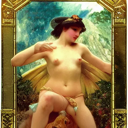 Image similar to Demon girl riding the horse at the palace, refracted sparkles, thunderstorm, greek pool, beach and Tropical vegetation on the background major arcana sky, by paul delaroche, alphonse mucha and arnold böcklin, hyperrealistic 8k, award-winning, very very very detailed