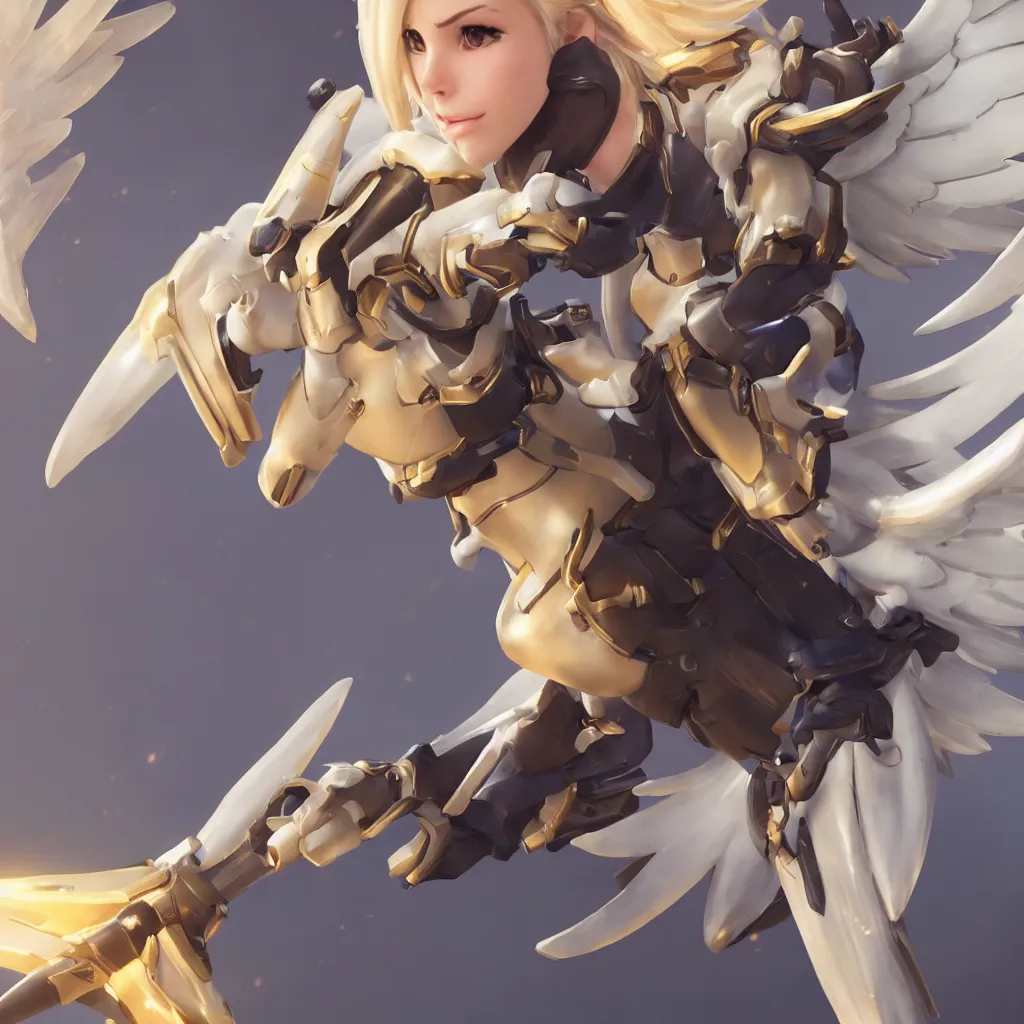 Prompt: Mercy from Overwatch game (2016), no background, close-up shot, intricate, elegant, highly detailed, centered, digital painting, golden hour, cinematic, award-winning, trending on artstation, trending in cgsociety, concept art, smooth, sharp focus, hdr, caustic lights, volumetric lighting, atmospheric lighting, illustration, cinematic, scan, ray traced, octane render, unreal engine, 4k, 3d, photorealistic, art by artgerm and wlop and ross tran