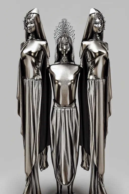 Prompt: chrome carved statue of nordic goddess symmetrical three faced in one body, metallic polished sculpture, dressed with a colorful wrapped cotton cloak, made by antonio corradini, and dug stanat macabre art, dark surrealism, epic and cinematic view, volummetric light, texturized, detailed, 8 k