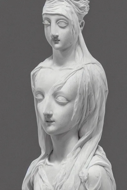 Image similar to a cinematic view of an highly ornated intricate macabre impressionist sacred statue of veiled girl made in light concrete, with few ornaments in shiny polished graphite, sculpted by hedi xandt and antonio corradini