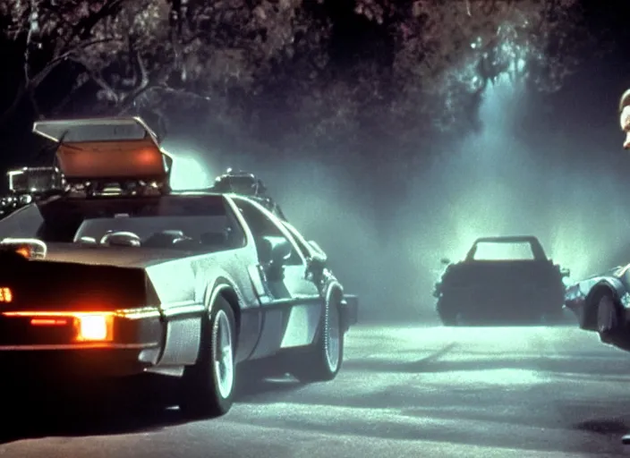 Image similar to screenshot from the iconic scene from the lost Back to the Future film directed by Martin Scorsese, cinematic lighting, unsettling set design with extreme detail, moody cinematography, with anamorphic lenses, crisp, detailed, 4k image, starring Marty Mcfly