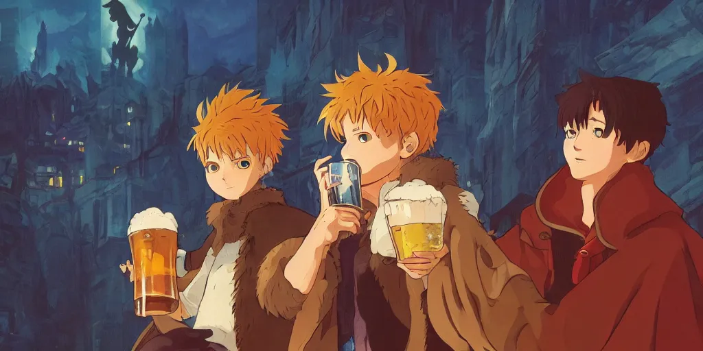 Prompt: a two german shepherds beast - men, holding a mug of beer, a lot of pockets, fur cape, tavern background, magical, bright, colorful, fantastic lighting, amazing details, 4 k uhd, illustration by hayao miyazaki and makoto shinkai and ilya kuvshinov, artstation, pixiv,